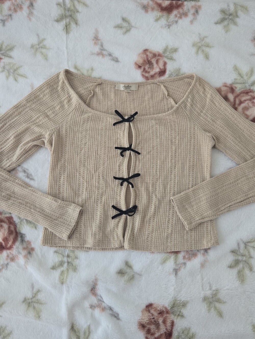 Atelier Beige Ribbed Knit Crop Top with Black Bow Ties